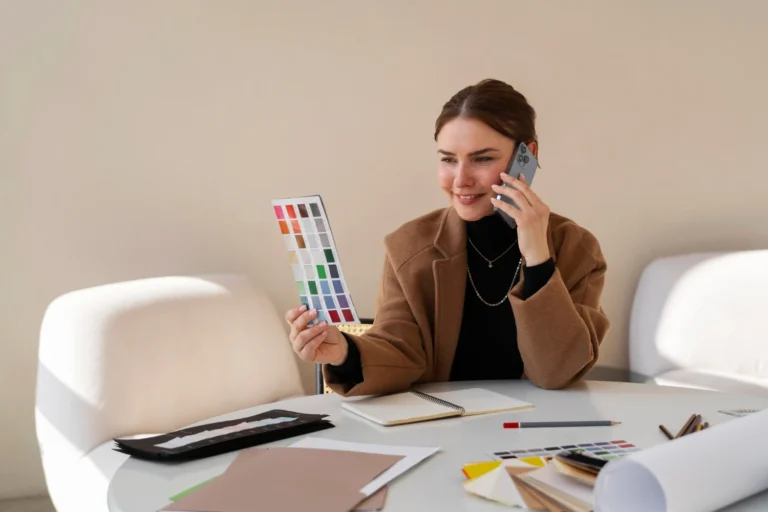 Mulher usando ferramentas digitais para aumentar a eficiência de projetos, com tablet de cores, caderno, e smartphone em ambiente de escritórios.