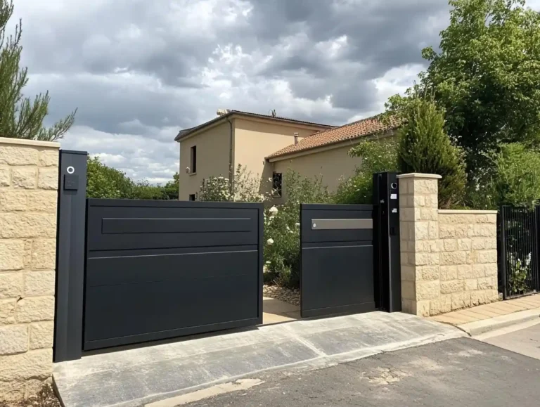 Imagem de um portão automático preto e moderno com manutenção preventiva realizada, destacando a importância de evitar prejuízos. Ótima opção para segurança residencial e automação.