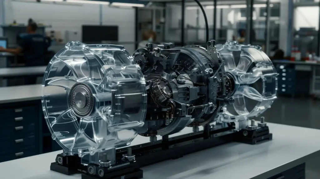 Imagem de um motor elétrico industrial transparente mostrando seus componentes internos, em um ambiente de fábrica, ilustrando sinais de desgaste que indicam a necessidade de substituição.