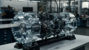 Imagem de um motor elétrico industrial transparente mostrando seus componentes internos, em um ambiente de fábrica, ilustrando sinais de desgaste que indicam a necessidade de substituição.