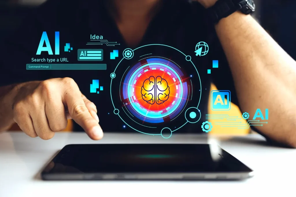 Pessoa digitando em notebook com interface de inteligência artificial ao redor do cérebro em ícone holográfico, simbolizando Design com Inteligência Artificial: Como a Tecnologia Está Mudando a Criação.