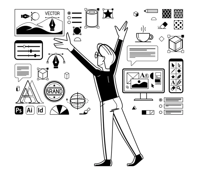 Design Minimalista: Por que menos elementos podem gerar mais impacto: Ilustração vetorial em estilo design minimalista: uma mulher com braços erguidos diante de ícones e elementos gráficos de marketing, como telas, gráficos e caixas.