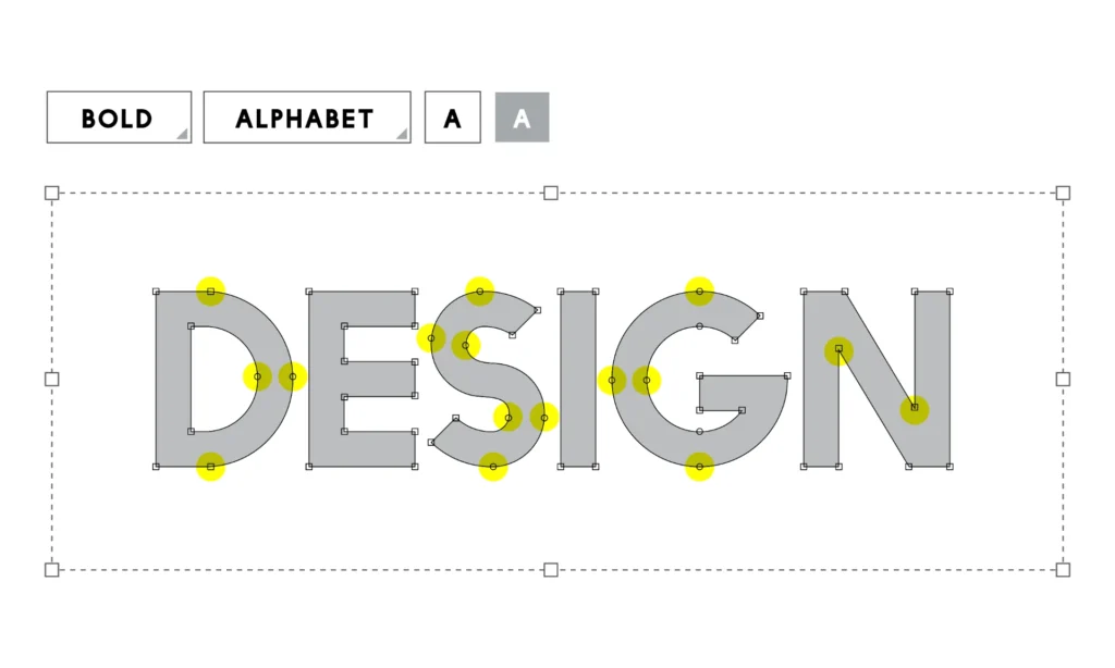 Tipografia no Design: Como escolher fontes que valorizam um projeto: Ilustração de tipografia no design com letras em forma de moldura e ajustes de fonte, mostrando parâmetros como ALPHABET, BOLD e espaçamento entre caracteres.