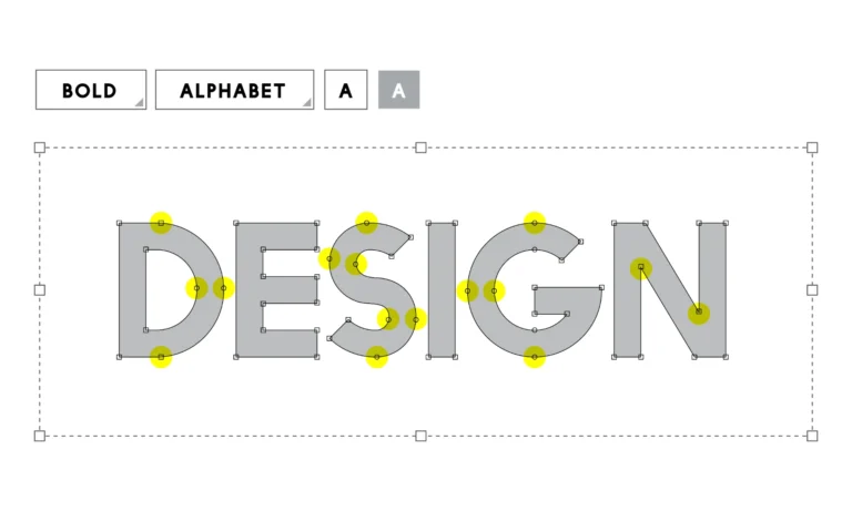 Tipografia no Design: Como escolher fontes que valorizam um projeto: Ilustração de tipografia no design com letras em forma de moldura e ajustes de fonte, mostrando parâmetros como ALPHABET, BOLD e espaçamento entre caracteres.