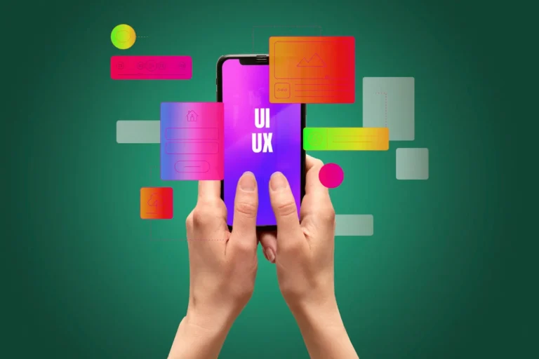 Imagem conceitual mostrando mãos interagindo com um celular com elementos de UI e UX sobrepostos, destacando a diferença entre UX e UI: Qual é a diferença e por que os dois são importantes?