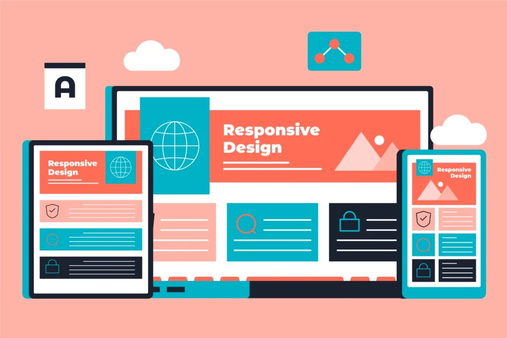 Design Responsivo: Por Que Um Site Precisa Funcionar Bem Em Qualquer Dispositivo: Ilustração de site com Design Responsivo: várias telas de computador e dispositivos móveis exibindo o tema “Responsive Design”, reforçando que o layout se adapta a diferentes tamanhos de tela.