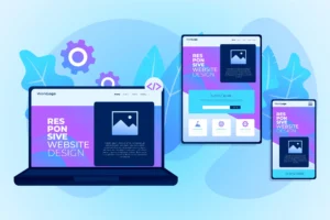 Ilustração de UX Design: Como Melhorar a Experiência do Usuário Em Sites e Aplicativos, mostrando interface de site e aplicativos em um desktop, tablet e celular com layouts de design e navegação.